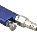 Close-up of HVLP paint sprayer nozzle with a blue handle, offering smooth air flow for efficient cabinet finishing.