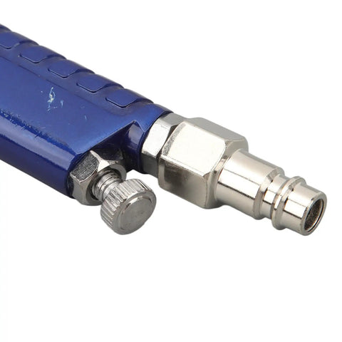 Close-up of HVLP paint sprayer nozzle with a blue handle, offering smooth air flow for efficient cabinet finishing.