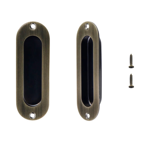 Flush Recessed Pulls Set, Antique Bronze Finish Stainless Steel Hardware, front and side view with screws, for barn sliding doors.