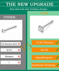 Comparison of Premium Titanium Corkscrew Nose Studs With Cubic Zirconia Tops, highlighting G23 titanium versus 316 stainless steel.