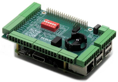Badass Industrial Automation HAT For Raspberry Pi featuring stackable green PCB with optically isolated connectors and digital IO.