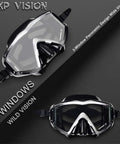 Panoramic Three Window Snorkel Mask Go To Gear With Tempered Glass Anti Fog Seal Nose Cover No Leakage, top and front view.
