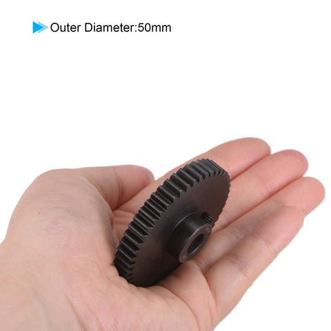 Hand holding Mod 1 48T Pinion Gear With 8mm Bore For RC Cars And Trucks, Hardened 45 Carbon Steel, 50mm diameter visible.