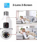 Dead Legit 8MP Dual Lens Wifi Ip Security Camera With E27 Bulb Mount And Truly Wireless Ptz Design For Effortless Indoor Outdoor Home Monitoring Plus Full 360 Panning And Ridiculously Clear Zoom showing dual lens and motion tracking with images of a woman playing with her dog.