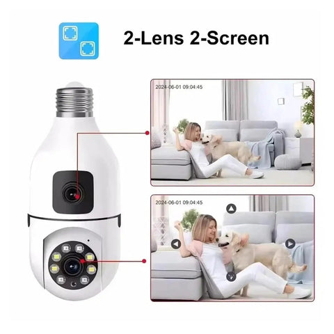 Dead Legit 8MP Dual Lens Wifi Ip Security Camera With E27 Bulb Mount And Truly Wireless Ptz Design For Effortless Indoor Outdoor Home Monitoring Plus Full 360 Panning And Ridiculously Clear Zoom showing dual lens and motion tracking with images of a woman playing with her dog.