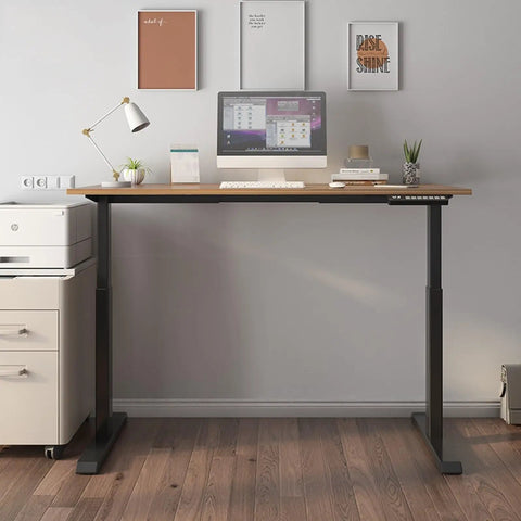 Rockin Adjustable Standing Computer Desk For Modern Home Office Or Study With Smart Height Control T-Shaped Frame Ergonomic Desktop Laptop Table 1 Point 4 Meters in a stylish home workspace.