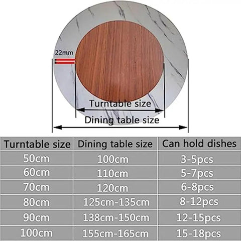 Huge 30 Inch Solid Wood Lazy Susan Turntable for Dining Tables, size guide for 1000 mm diameter with rotating tray capacity.