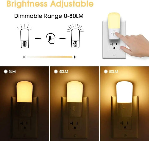 Hand adjusting Dimmable LED Plug In Night Light With 5 To 80 Lumens Brightness And Dusk To Dawn Sensor, Soft White 3000K Nightlight