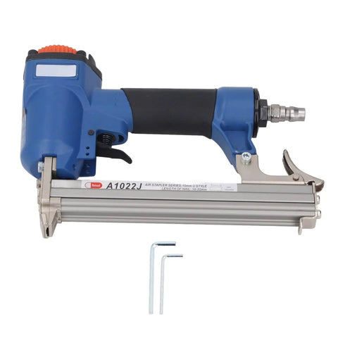 Professional Pneumatic Brad Nailer And Air Nail Gun Featuring Kickass High Temperature Quenched Head For Woodworking Furniture Trim Cabinets Equipped With Hella Airtight Sealing side view showing aluminum body and air inlet.