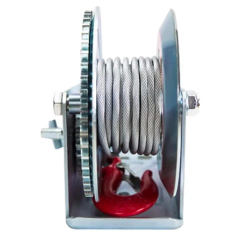 Get The Heavy Duty 6000Lb Towing Winch With Steel Cable, Portable Electric Hoist For Marine Trailer And Tow Jobs, Rust Resistant Self Locking Gear To Lift Heavy Loads Effortlessly side view showing steel cable and red hook.