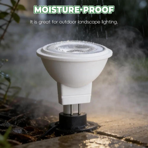 Top Notch MR11 GU4.0 BiPin LED Bulb 3W 12V AC DC Low Voltage Spotlight in outdoor landscape setting, moisture-proof design