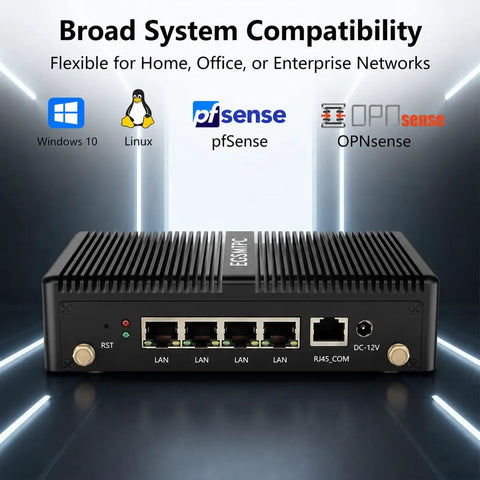 Intel Celeron J1900 Firewall Mini PC With Four Network Ports And Extra GB Connectivity For Straight Up Bulletproof Home Routing Plus 4GB RAM 64GB SSD Storage For Smooth VPN Setup back view with four LAN ports