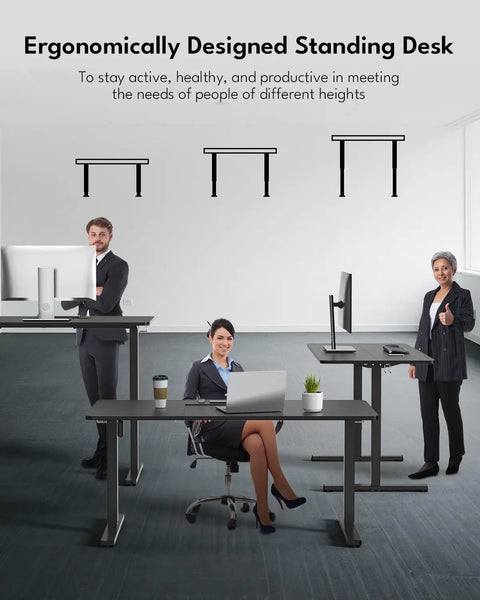 People using Electric Height Adjustable Standing Desk For Home Office Sit Stand 55 By 24 Inches with black frame and top