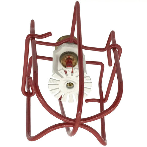 Commercial Grade Fire Sprinkler Head Protection Cages Three Quarter Inch Double Hook Steel Guard, red steel cage covering sprinkler head.