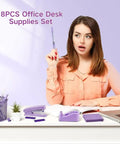 Woman with Purple 18 Piece Desk Essentials Set With 10 Pens Scissors Stapler And Staples Tape Dispenser Pen Holder 2 Sticky Notepads