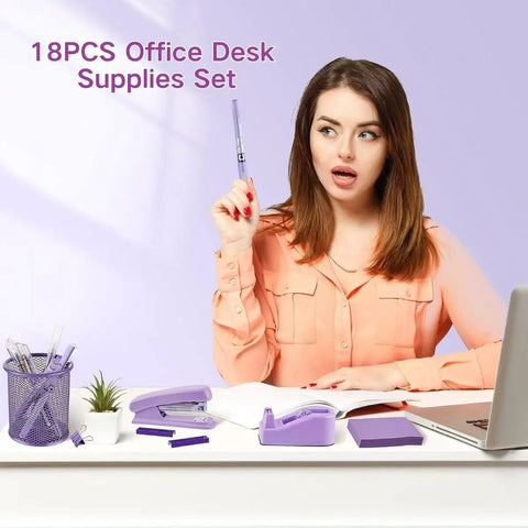 Woman with Purple 18 Piece Desk Essentials Set With 10 Pens Scissors Stapler And Staples Tape Dispenser Pen Holder 2 Sticky Notepads