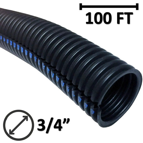 3/4 Inch Flame Retardant Polypropylene Split Wire Loom Tubing Corrugated Conduit With Flammability Tracer, 100 Feet, Black