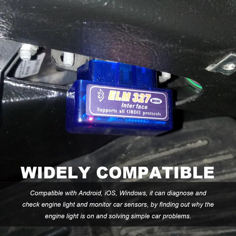 OBD II Bluetooth Car Diagnostic Scanner with ELM327 Code Reader for Android and iOS plugged in a car's OBD port