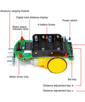 DIY Electronic Car Kit With Infrared Sensor Ultrasonic Module And Motorized Chassis Hands On Robot Practice Set Including PCB Components And Wiring For Fun Experiments Teaching Circuitry And Coding. Ultrasonic module PCB with battery box, motor driver, and wheels