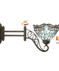 Tiffany Style Wall Sconce Plug In Swing Arm Light With Sea Blue Stained Glass Dragonfly Motif, Adjustable Up Down, Antique Green Bronze Base