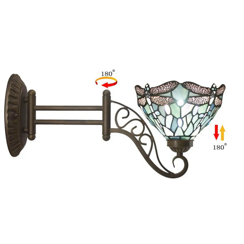 Tiffany Style Wall Sconce Plug In Swing Arm Light With Sea Blue Stained Glass Dragonfly Motif, Adjustable Up Down, Antique Green Bronze Base