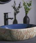 UYTROPLK Bathroom Vessel Sink Ceramic Outdoor Indoor Bathroom Vintage Pedestal Basin with Accessories Patio Wash Basin Round Bathroom Sink with hand-painted design and blue interior.