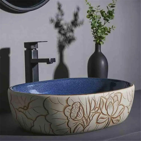 UYTROPLK Bathroom Vessel Sink Ceramic Outdoor Indoor Bathroom Vintage Pedestal Basin with Accessories Patio Wash Basin Round Bathroom Sink with hand-painted design and blue interior.