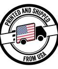 Printed and shipped from USA icon with a delivery truck design featuring the American flag.