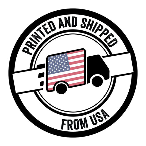 Printed and shipped from USA icon with a delivery truck design featuring the American flag.