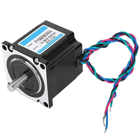 Amazon NEMA 23 two-phase stepper motor, front view, 24V 3A, 1 Nm torque, color-coded leads.