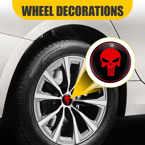 Dope Skull Wheel Hub Center Cap Stickers Set Of Four Two Point Two Inch Metal Aluminum Rim Emblems Built Tough Waterproof All Weather Automotive Exterior Upgrades In Classic Black And Red Finish on wheel with stylish design.