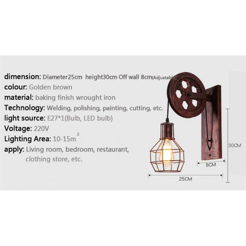Absolutely Sick Industrial Wall Lamp With Vintage Pulley Handle Crafted From Heavy Wrought Iron Ideal For Barn Lofts And Man Caves With Super Cool Diffused Lighting, showing dimensions and golden brown finish.