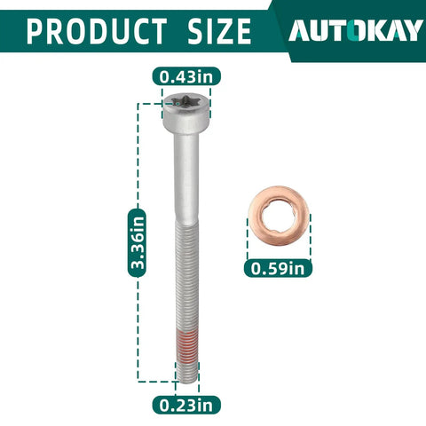 Lower Fuel Injector Nozzle Seal Copper And Bolt Washer Kit components, bolt 3.36in x 0.43in and copper washer 0.59in