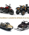 Various vehicles including a motorcycle, ATV, jet ski, and snowmobile with text: 'The handlebar is suitable for all kinds of car models'.