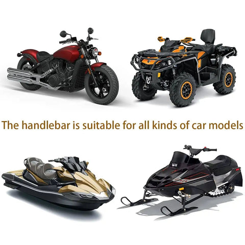 Various vehicles including a motorcycle, ATV, jet ski, and snowmobile with text: 'The handlebar is suitable for all kinds of car models'.