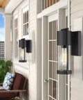 Two Pack Outdoor Wall Lanterns Black Waterproof Exterior Lighting Fixtures With Glass Shade on porch wall