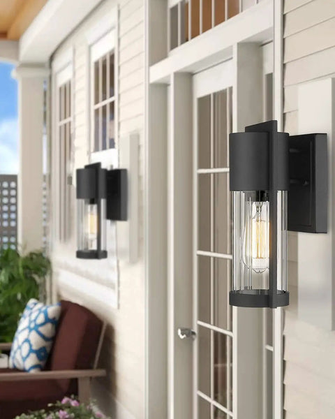 Two Pack Outdoor Wall Lanterns Black Waterproof Exterior Lighting Fixtures With Glass Shade on porch wall