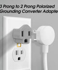 3 Pack Polarized 3 Prong To 2 Prong Grounding Adapter plugged into wall socket, gray, easy to use for 125V 15A indoor applications