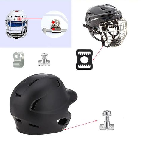 36 Piece Hockey Helmet Repair Kit Includes 6 R Shape Visor Clips 6 Rubber Gaskets 20 Screws With Nuts 4 Chin Strap Adapters And A Screwdriver For Hockey Football Baseball Softball shown with helmets and hardware details