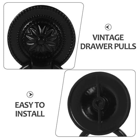 Close-up of Vintage Style Drawer Pulls Set Of 4 Retro Flower Cabinet Handles 36mm Black Antique Dresser Hardware with chrysanthemum pattern