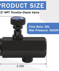 Grinsvalley 1/2 NPT throttle check valve, carbon steel, black with knurled adjustment knob