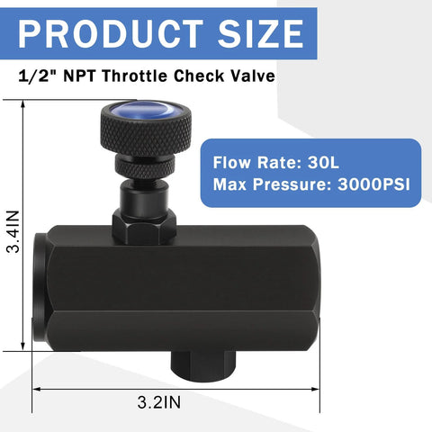 Grinsvalley 1/2 NPT throttle check valve, carbon steel, black with knurled adjustment knob