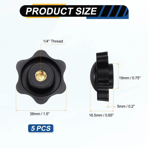 Front and side view of Grippy Five Pack Star Knobs With 1/4 Inch Female Thread, 38mm 6 Point Plastic Head Brass Insert, Non Through Hole, Black.