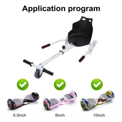 Go Kart Seat Attachment For 6.5 To 10 Inch Self Balancing Scooters, Adjustable Frame, Compatible with Various Sizes, White