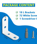 18 Piece White L Bracket Set With 72 Screws and Screwdriver Bit shown with dimensions and packaging contents on display