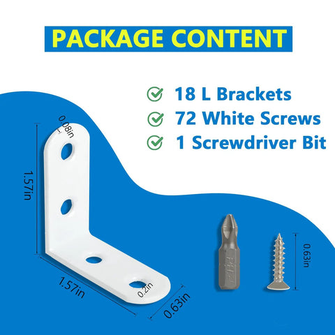 18 Piece White L Bracket Set With 72 Screws and Screwdriver Bit shown with dimensions and packaging contents on display