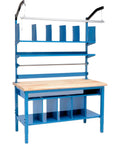 Heavy Duty Maple Packing Workbench With 72 Inch Wide Butcher Block Top And 5000 Pound Capacity featuring blue steel frame and upper riser.