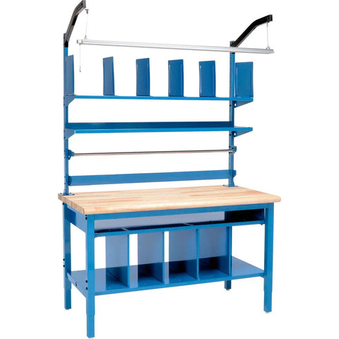 Heavy Duty Maple Packing Workbench With 72 Inch Wide Butcher Block Top And 5000 Pound Capacity featuring blue steel frame and upper riser.