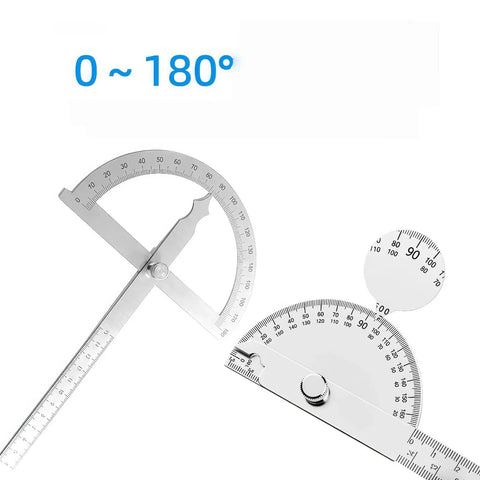 Heavy Duty Stainless Steel Angle Protractor Dead On Accuracy 0 To 180 Degrees Round Head Bevel Gauge showcasing precise angle markings.