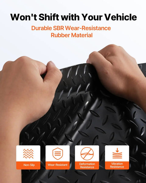 Hands holding Heavy Duty Rubber Flooring Roll 4 By 15 Foot Diamond Plate Mat, 3mm Thick, Wear Resistant SBR, non-slip mat